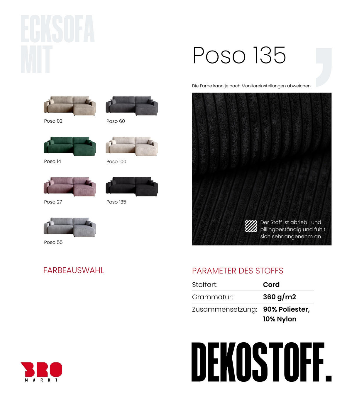 ECKSOFA PUMI XL mit Schlaffunktion Schwarz Cord - Schwarz, Textil (274/148cm) - Bromarkt