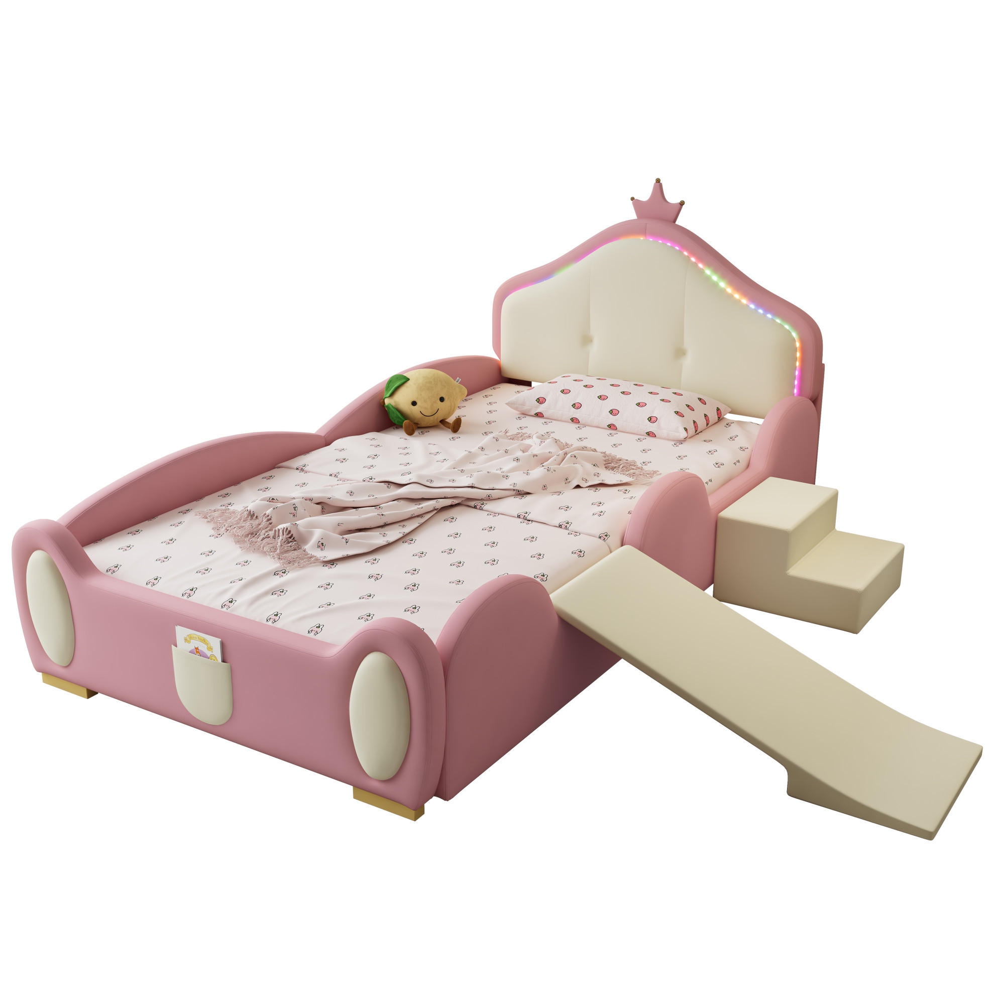 KINDERBETT 90/200 cm mit LED-Streifen, Rutsche, Treppe und weichen Schutzkanten aus PU, Rosa/Beige - Rosa, Kunststoff (90/200cm) - Redom