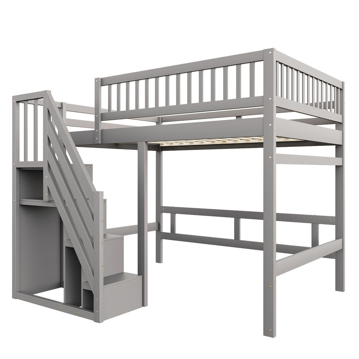 VYSOKÁ posteľ 140/200 cm sivá z dreva s úložnými schodmi a vysokou zábranou - sivá, kompozitné drevo (140/200cm) - OKWISH