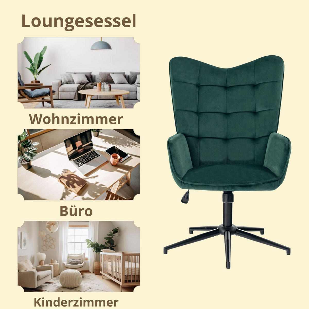 SESSEL höhenverstellbar, Grün Samt - Dunkelgrün/Schwarz, Holz/Textil (70/107/68cm) - Urban Meuble