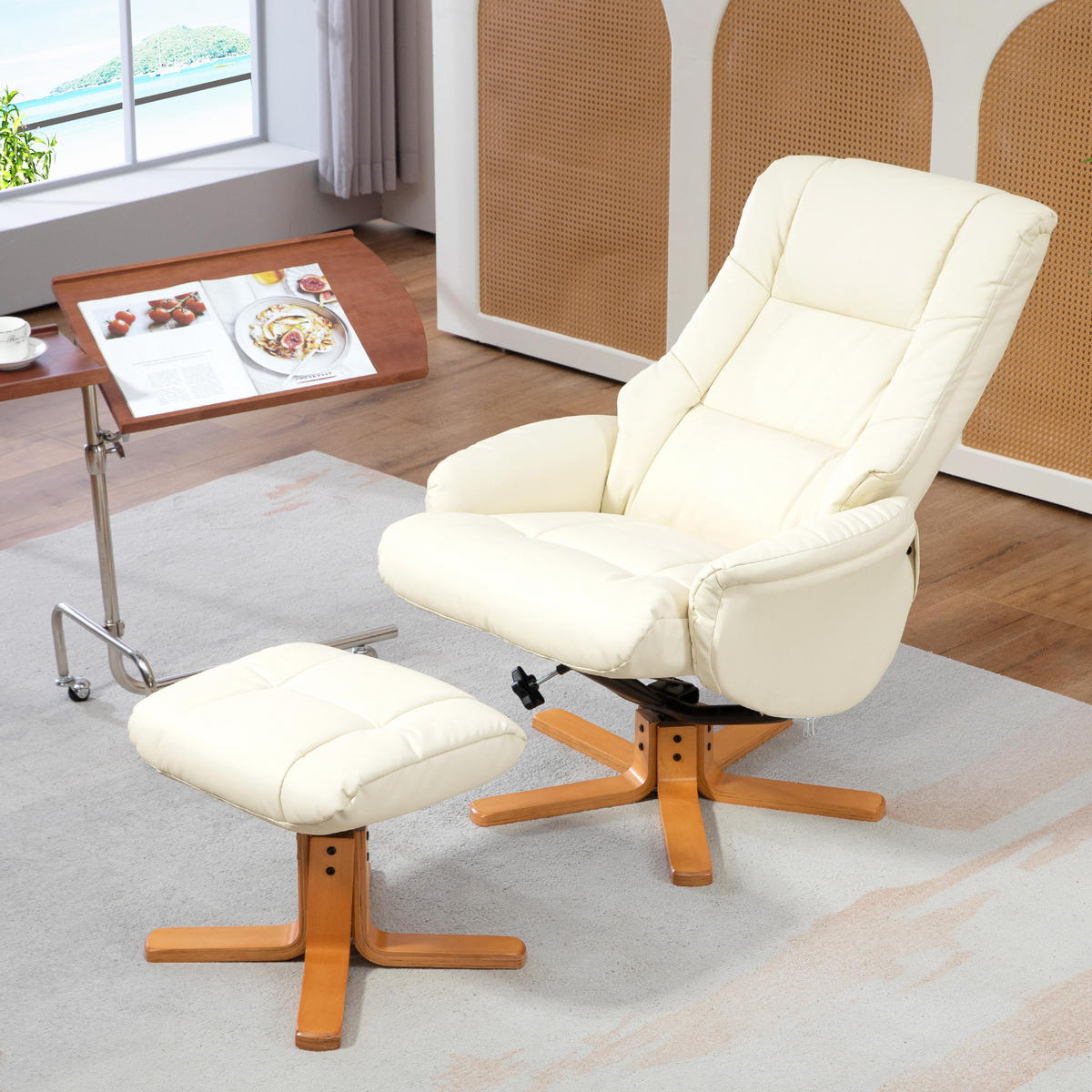RELAXSESSEL mit Hocker, Fernsehsessel mit Liegefunktion, Wippfunktion, Schwarz - Creme/Weiß, Holz/Kunststoff (84/102/71cm) - HOMCOM