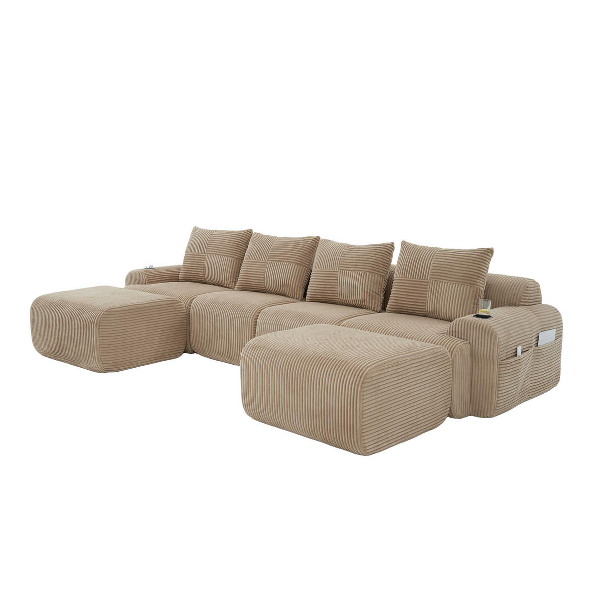 4-SITZER Wohnlandschaft Cord mit Getränkehalter und Seitentasche 333/174/80 cm Sandfarben - Sandfarben, Textil (174/80/333cm) - Redom