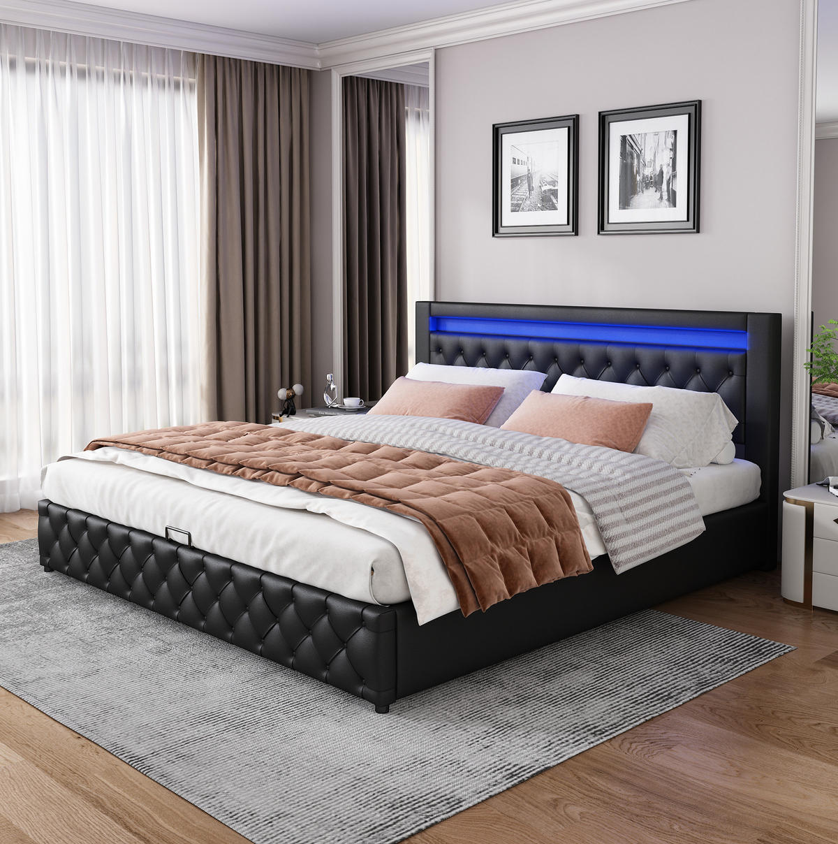 ČALOUNĚNÁ postel 180/200 cm černá, PU, s LED osvětlením a úložným prostorem - černá, plast (180/200cm) - BEAOK
