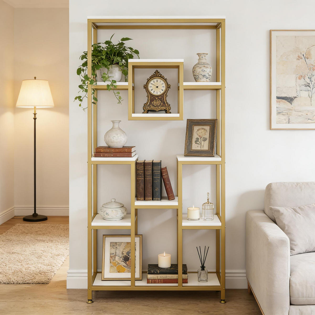 BÜCHERREGAL Gold/Weiß 11 offene Fächer 90/34/182,5 cm - Goldfarben, Metall (90/182.5/34cm) - PANGIVO