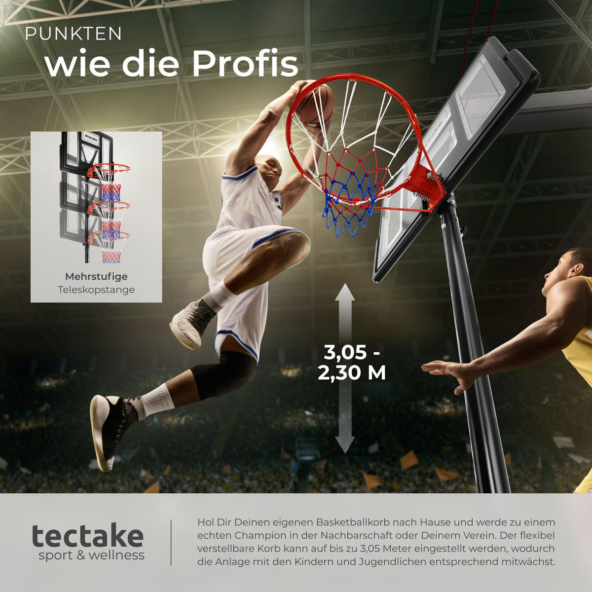 BASKETBALLKORB Dirk, mit Rollen, inklusive Ball, Pumpe und 2 Netze, schwarz - Schwarz, Textil (111/150cm) - tectake