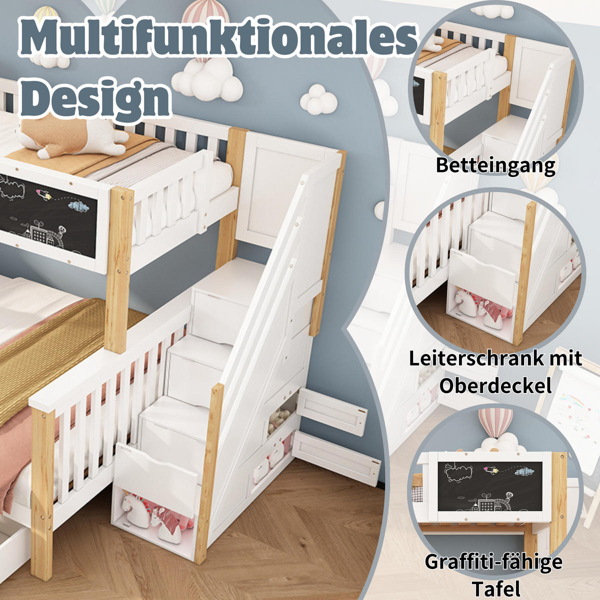KINDER-ETAGENBETT 90x200+140x200 Tafel Schubladen Weiß Eiche - Multicolor, Holzwerkstoff (140/200cm) - FLIEKS