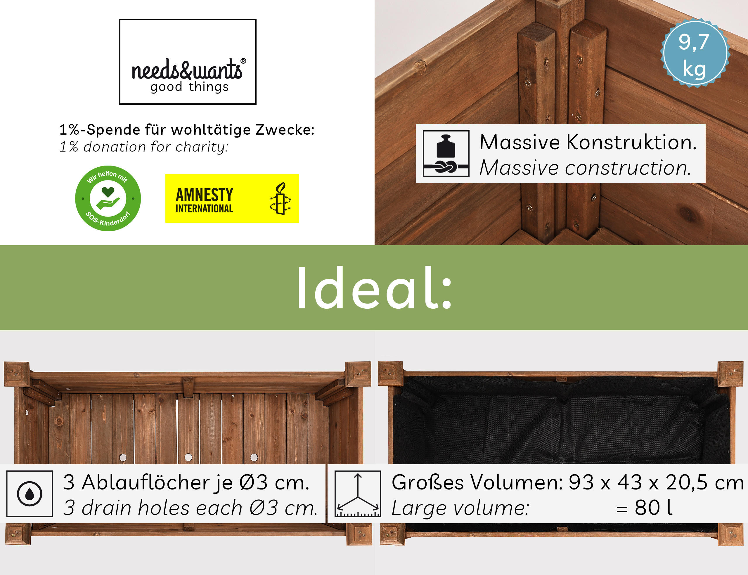 HOCHBEET aus Holz für Garten & Balkon, rechteckig mit Vlies-Folie - Braun, Holz (100/75/50cm) - needs&wants