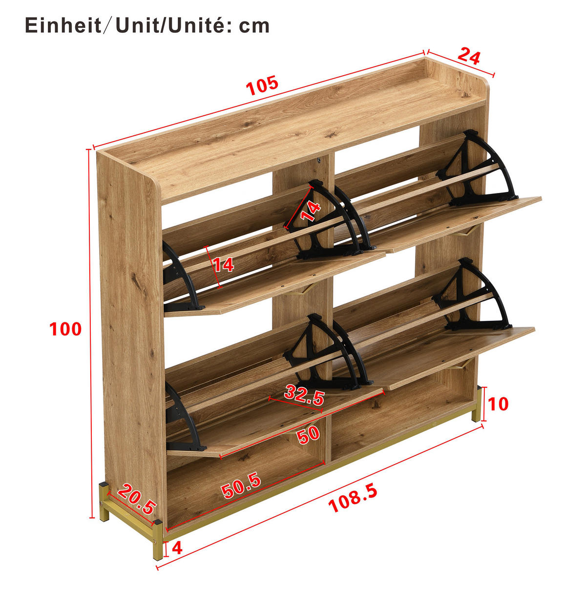 SCHUHSCHRANK 108,5/24/100 cm mit 4 Türen in Holzoptik, platzsparend - Naturfarben, Holzwerkstoff (108.5/100/24cm) - BEAOK