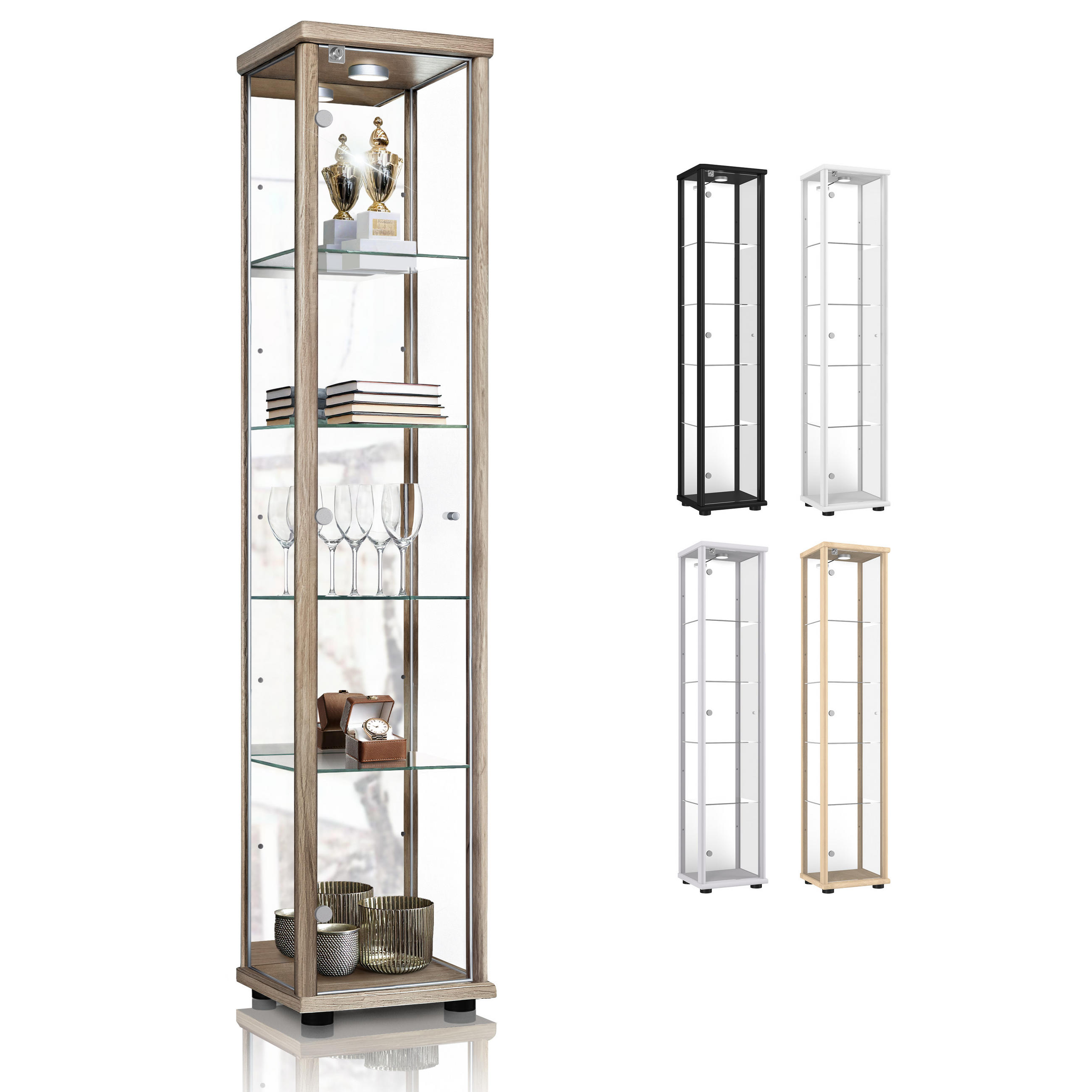 GLASVITRINE 33/37/176 cm mit Spiegel, LED, Schloss & 4 höhenverstellbaren Glasböden - Transparent/Silberfarben, Glas/Holzwerkstoff (37/176/33cm) - K-Möbel