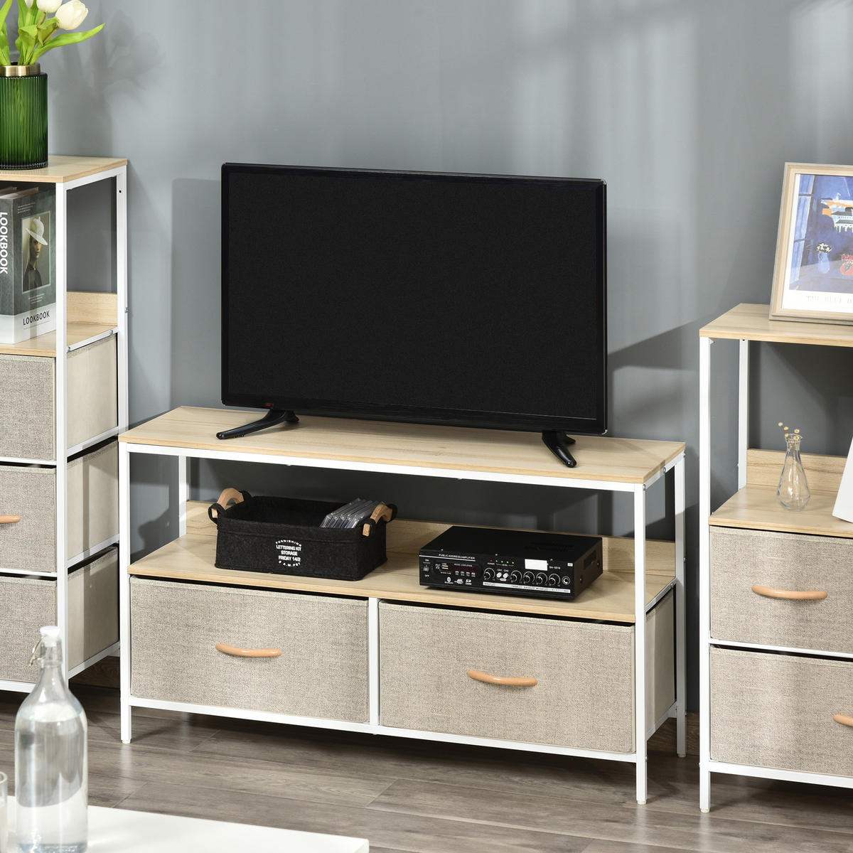 TV-LOWBOARD Naturfarben/Weiß/Grau 98/29/56 cm, 2 Stoffschubladen, Metallgestell - Hellgrau, Holzwerkstoff (98/56/29cm) - PANGIVO