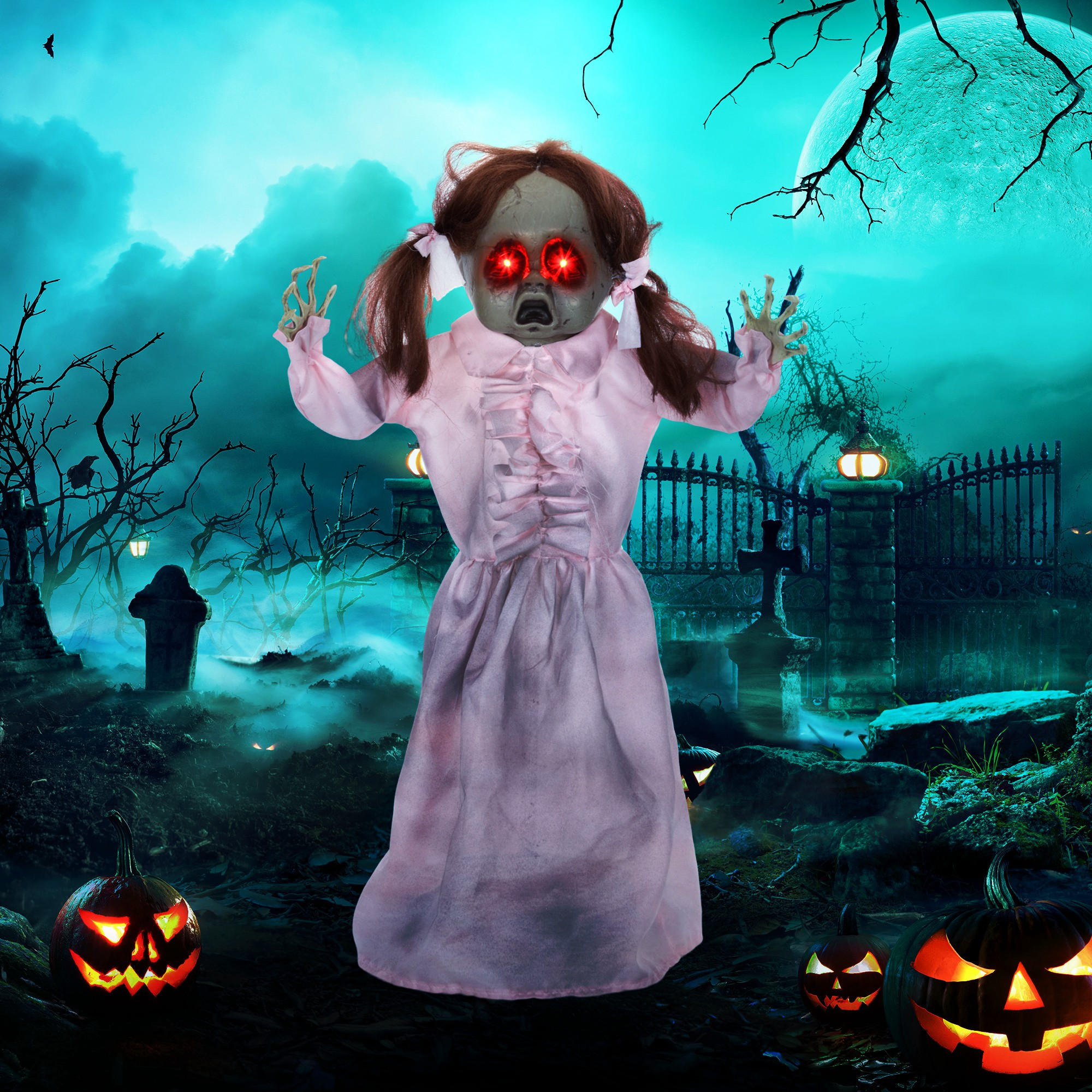HALLOWEEN DECORATIONS 76cm Dekoration Geisterpuppe, Soundfunktion - Rosa, Kunststoff/Metall (50/76/15cm) - HOMCOM