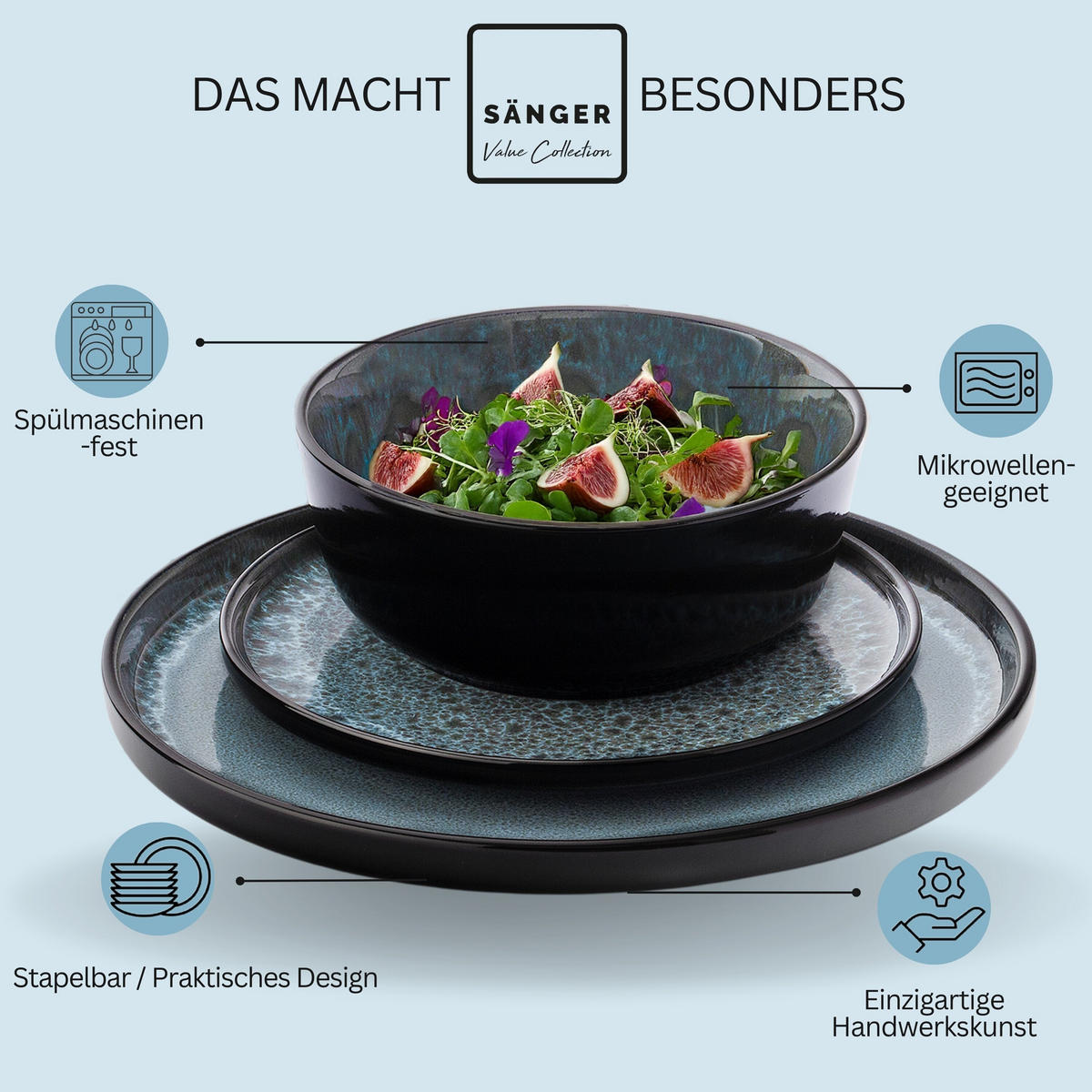 KOMBISERVICE MANILA - 30 teilig aus Steingut - Blau, Stein (26.5/10/26.5cm) - Sänger