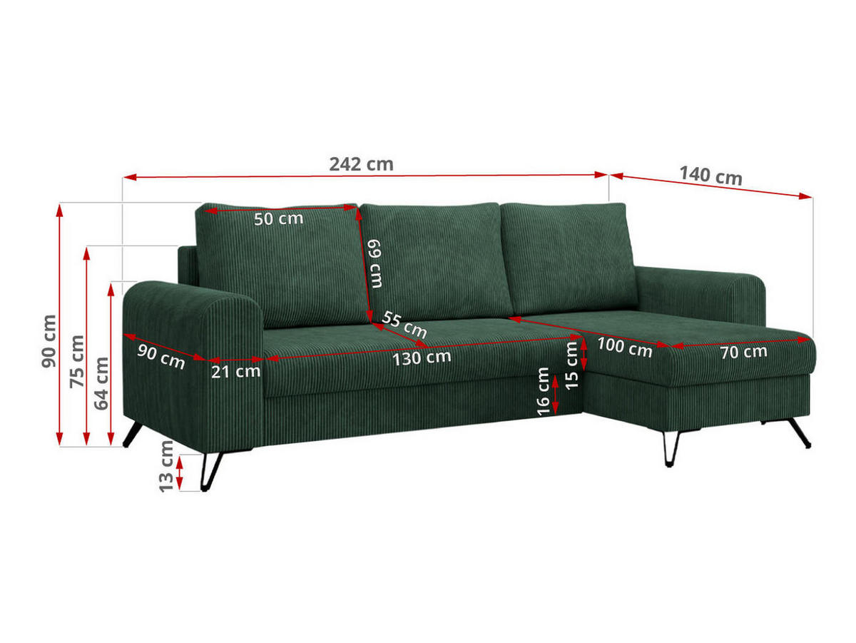 ECKSOFA Hugo Cord Grün - Schwarz/Grün, Textil/Metall (242/140cm) - MKS