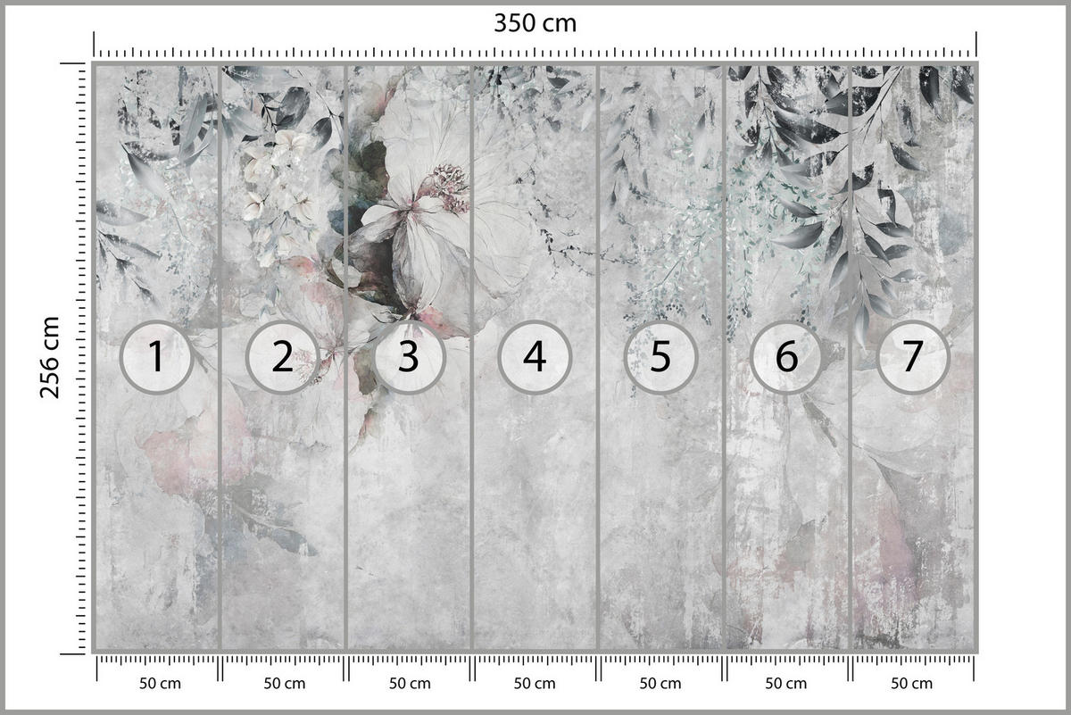 FOTOTAPETE für Büro Zarte Blätter Grau Betonwand Blumen Natur 350x256 - Grau, Papier (350/256cm) - Muralo