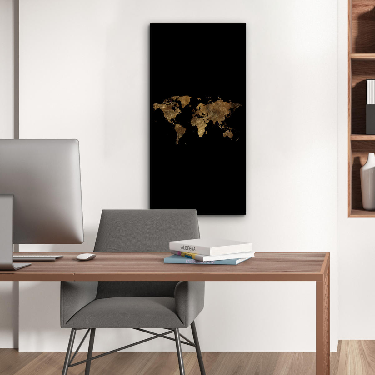 KOVOVÝ OBRAZ Mapa sveta - Zlato - Luxus - Zem - Čierna 40x80 cm - zlatá, kov (40/80cm) - MuchoWow