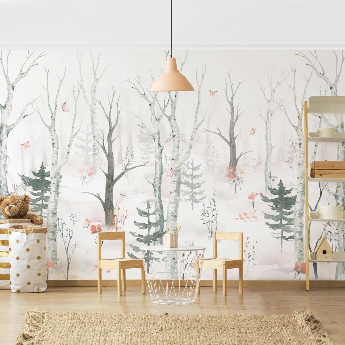 FOTOTAPETE Birkenwald mit Mohnblumen 336/225 cm - Eichefarben, Papier (336/225cm) - Bilderwelten