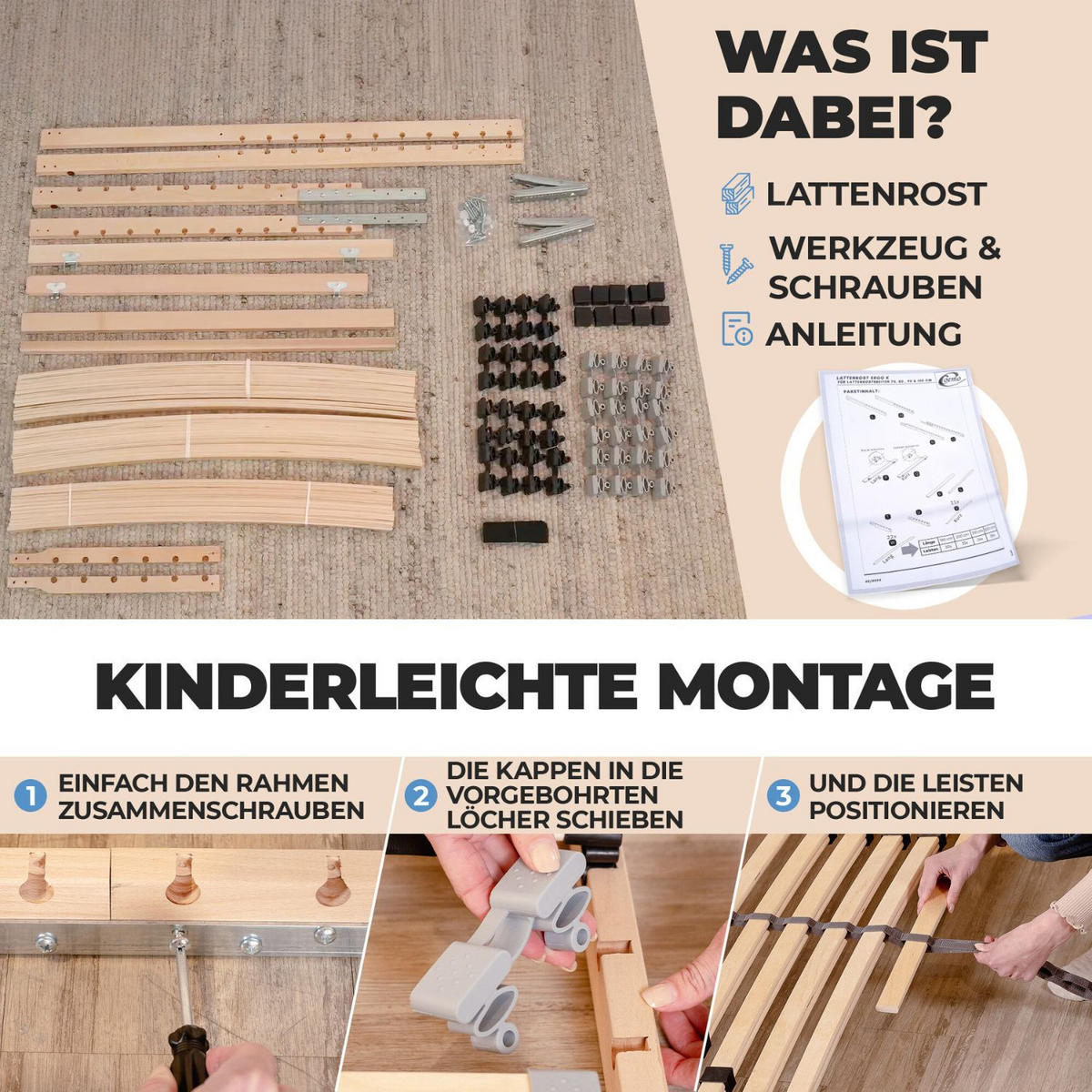 LATTENROST ERGO K 90x200 cm Kopfteil verstellbar - Naturfarben, Holz (90/200cm) - Coemo