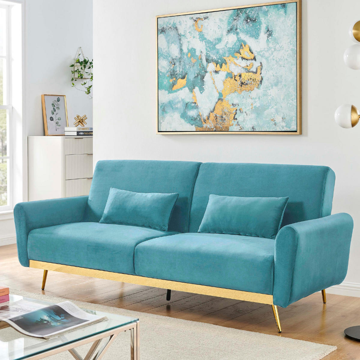 SCHLAFSOFA cyano blau 3-sitzer samt - Blau, Holzwerkstoff (210/84/94cm) - Concept Usine