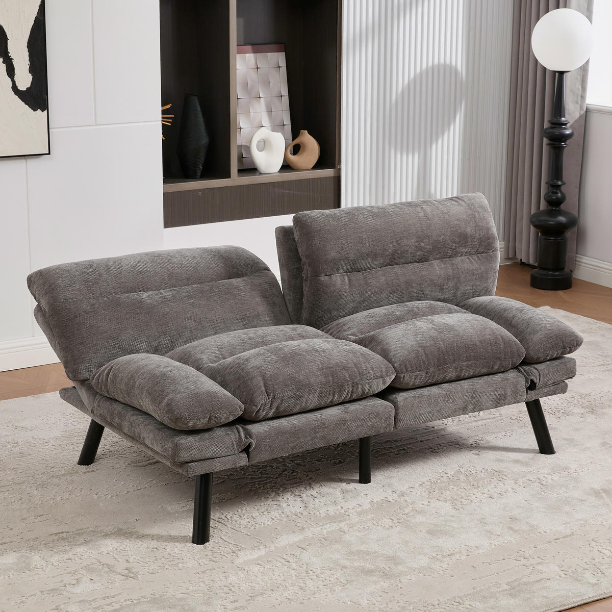 2-SITZER SOFA mit Verstellbare Rückenlehne und Armlehnen, Metallfüße, Dunkelgrau - Dunkelgrau, Textil (90/76/165cm) - KOMHTOM