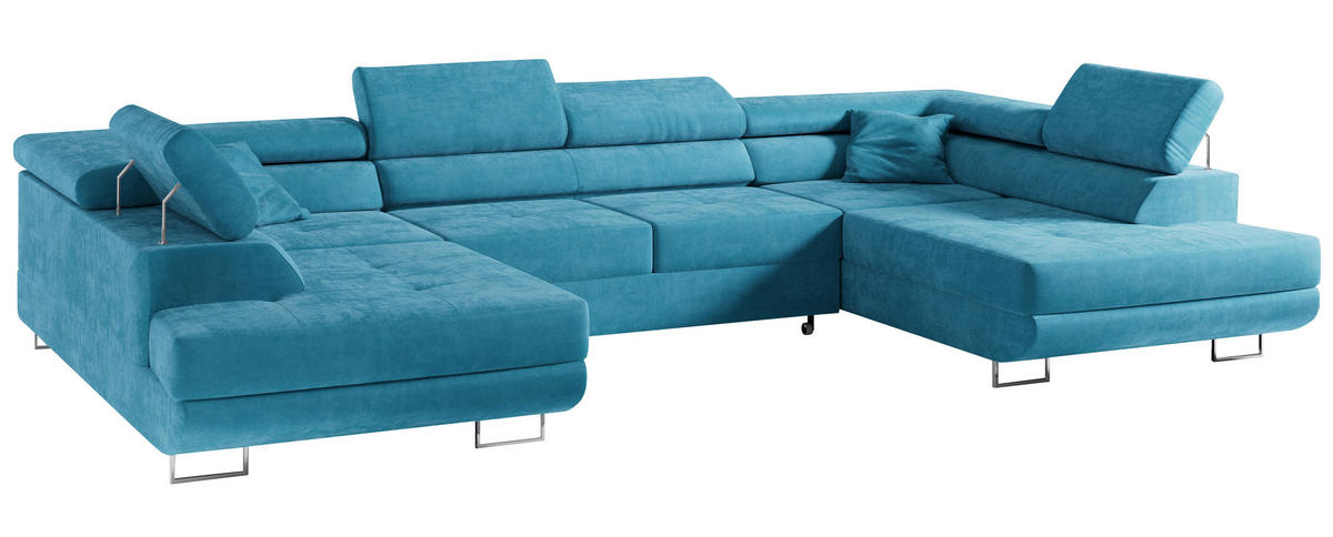 WOHNLANDSCHAFT GUSTAW U Hellblau Velvet - Silberfarben/Hellblau, Textil/Metall (340/55/205cm) - MKS