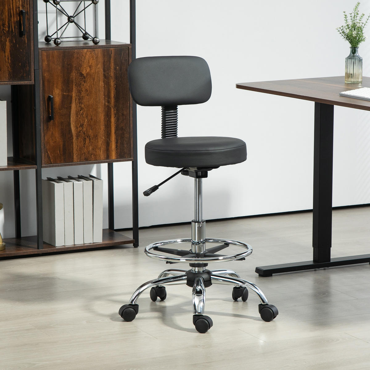 BÜROSTUHL Ergonomischer Zeichenstuhl, Höhenverstellbar Computerstuhl mit Fußring - Schwarz, Kunststoff (52/92/52cm) - HOMCOM