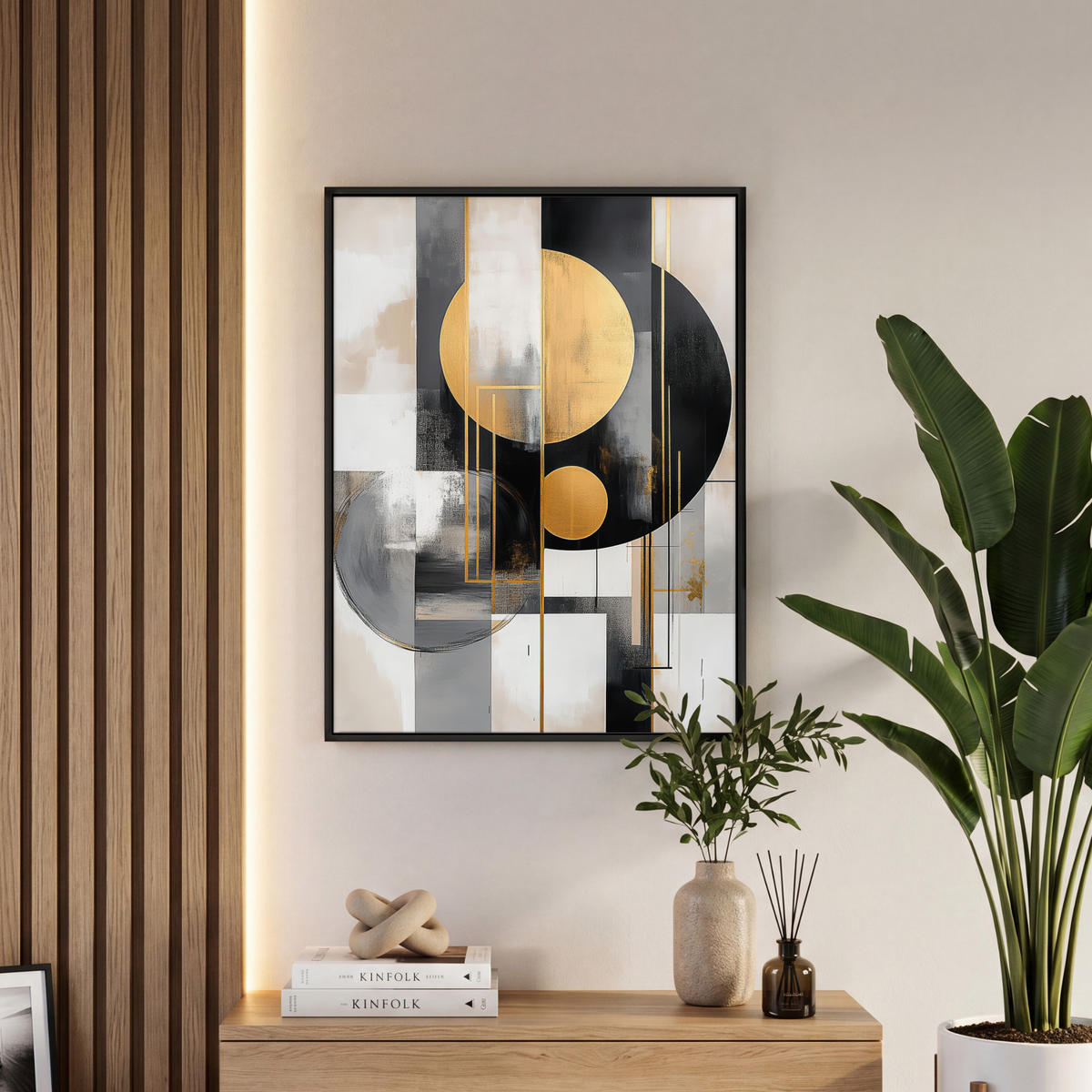 LEINWAND Bilder mit Rahmen - Abstrakt - Gold - Silber - Formen - Ästhetisch - Modern - 60x80 - Goldfarben, Textil (60/80cm) - MuchoWow