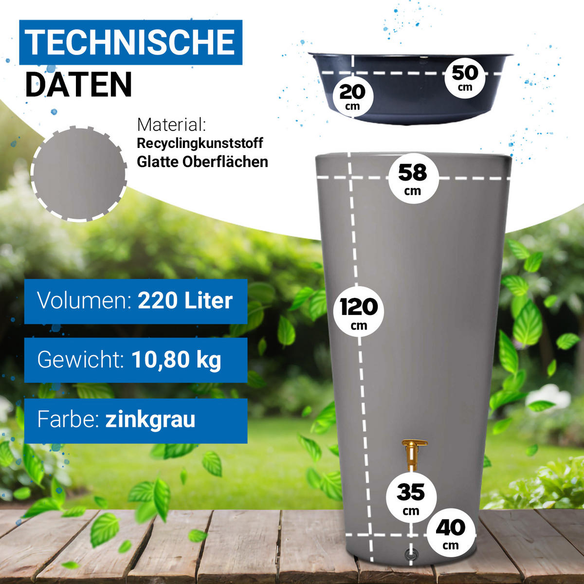 2IN1 Regentonnen Komplett-Set 220 L zinkgrau inkl. Kunststoff-Auslaufhahn und Fallrohranschluss - Hellgrau, Kunststoff (58/120/58cm) - 4rain