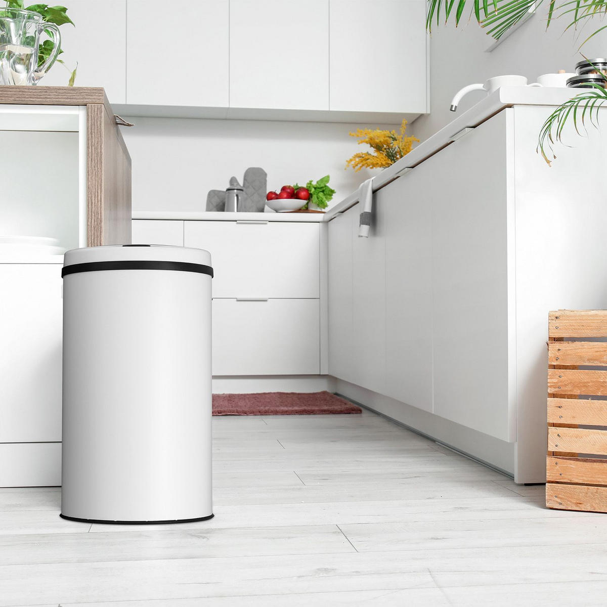 MÜLLEIMER rund 30L weiß mit Sensor - Weiß, Metall (31/52/31cm) - Juskys