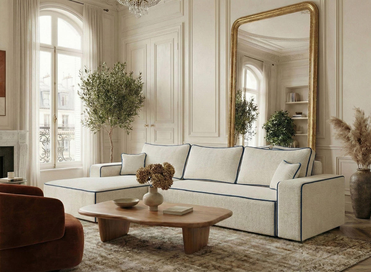 ECKSOFA MIT SCHLAFFUNKTION Modo Ecru-Dunkelblau Chenille-Stoff - Links Seite - Ecru/Schwarz, Holz/Holzwerkstoff (185/294cm) - Maison de Reve