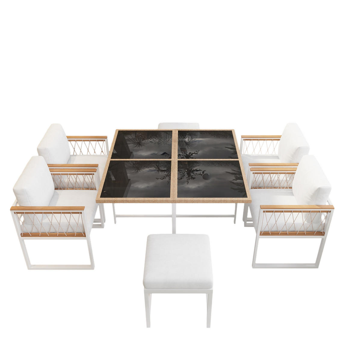 GARTENMÖBELSET 7-tlg. mit Tisch, 4 Sesseln und 2 Hockern 117 x 117 cm Natur/Weiß - Weiß, Metall - Beauniv