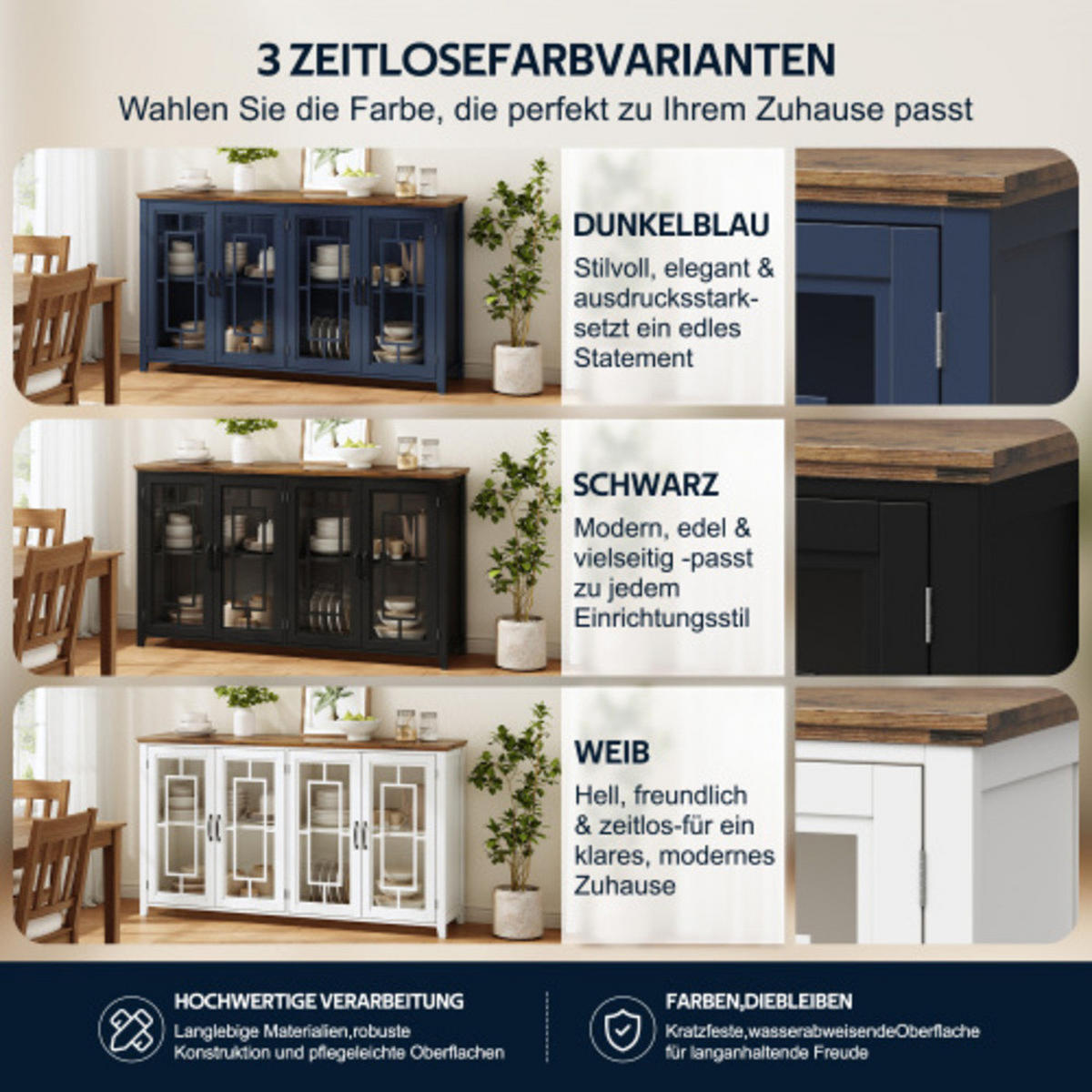 SIDEBOARD Blau aus MDF mit Retro-Holzmaserung-Platte 160 × 40 × 86 cm - Blau, Holzwerkstoff (160/86/40cm) - Luhomfu