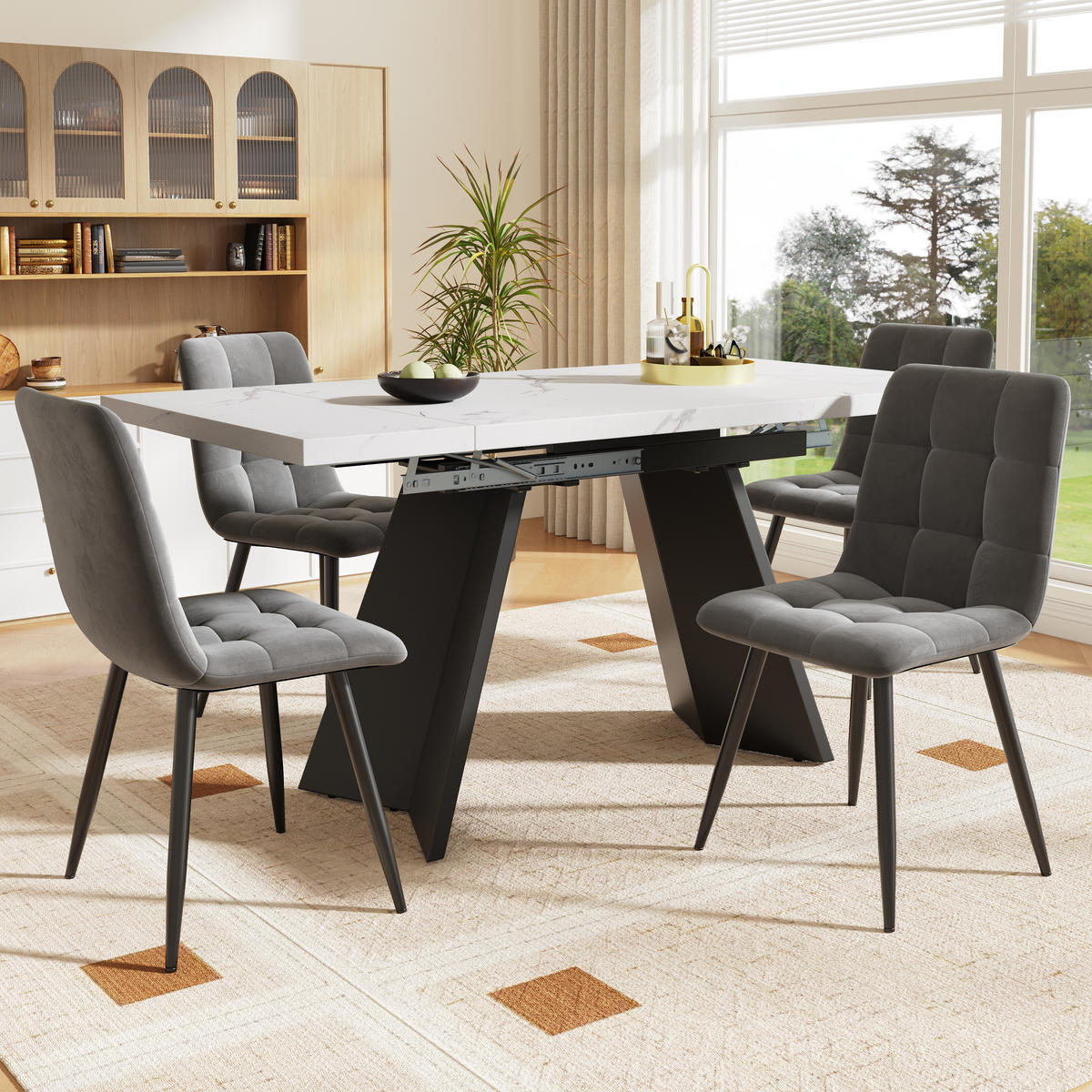 ESSTISCHSET 5-Teilig Ausziehbar 160x80 Cm, 4 Graue Samtstühle, Weiß - Multicolor, Metall (74/77/160cm) - FLIEKS