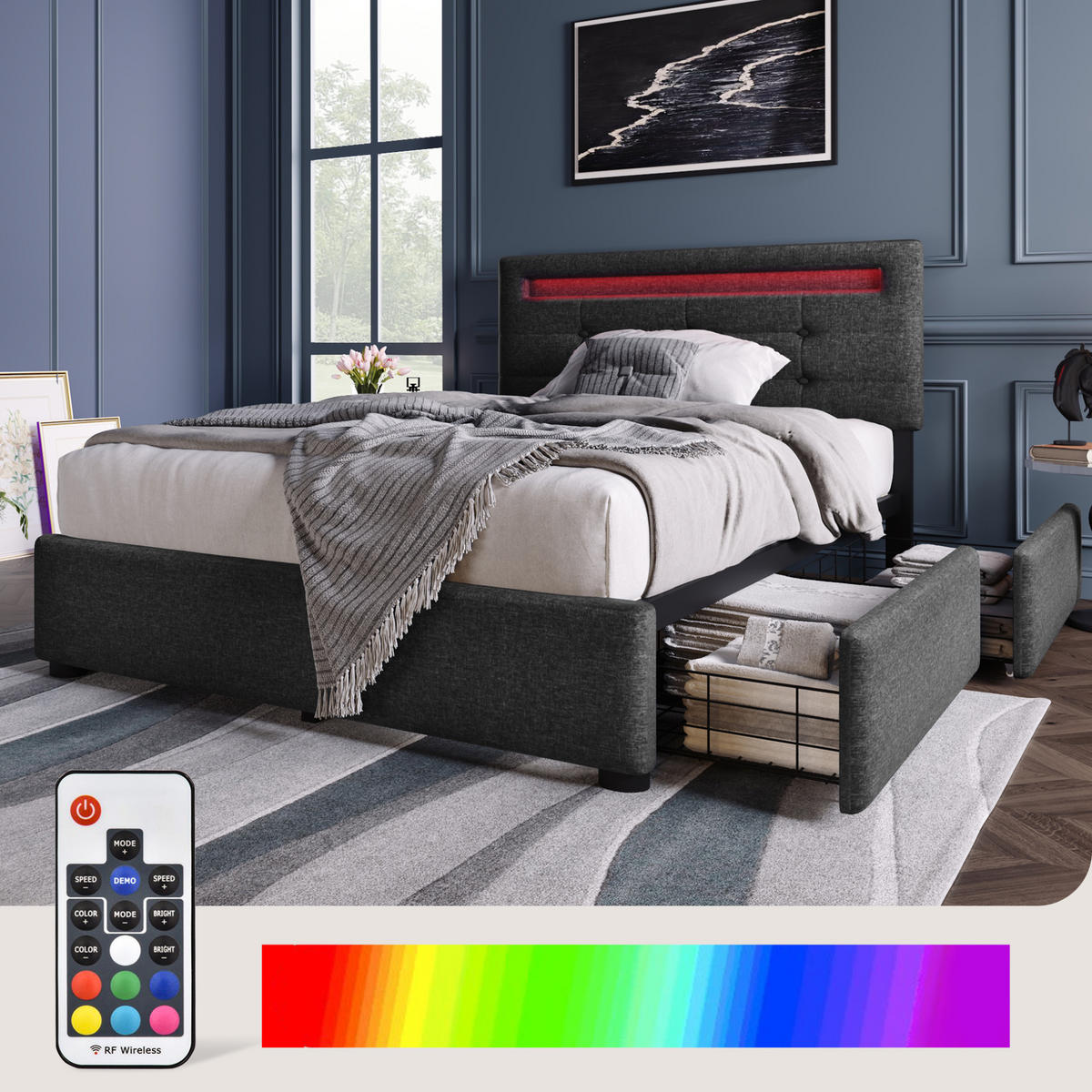 POLSTERBETT 90/200 cm Grau aus Leinen mit LED-Beleuchtung und 2 Schubladen - Grau, Textil (90/200cm) - OKMYHOME
