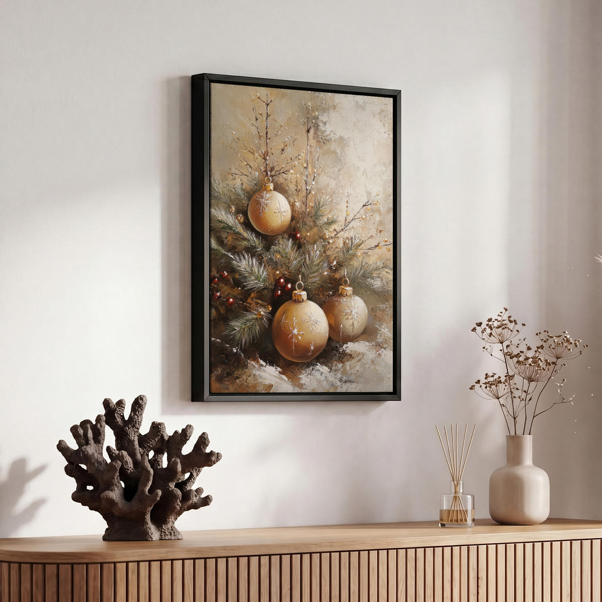LEINWAND Bilder mit Rahmen - Weihnachten - Kugeln - Beige - Gold - 20x30 - Goldfarben, Textil (20/30cm) - MuchoWow