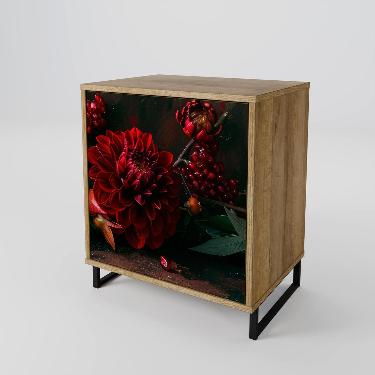 SIDEBOARD DAHLIAS AND POMEGRANATES, Eichefarben, 57,5x42x75,5 cm, Goldfarbene Metallfüße - Eichefarben/Goldfarben, Holzwerkstoff/Metall (57.5/75.5/42cm) - SpaceRebels