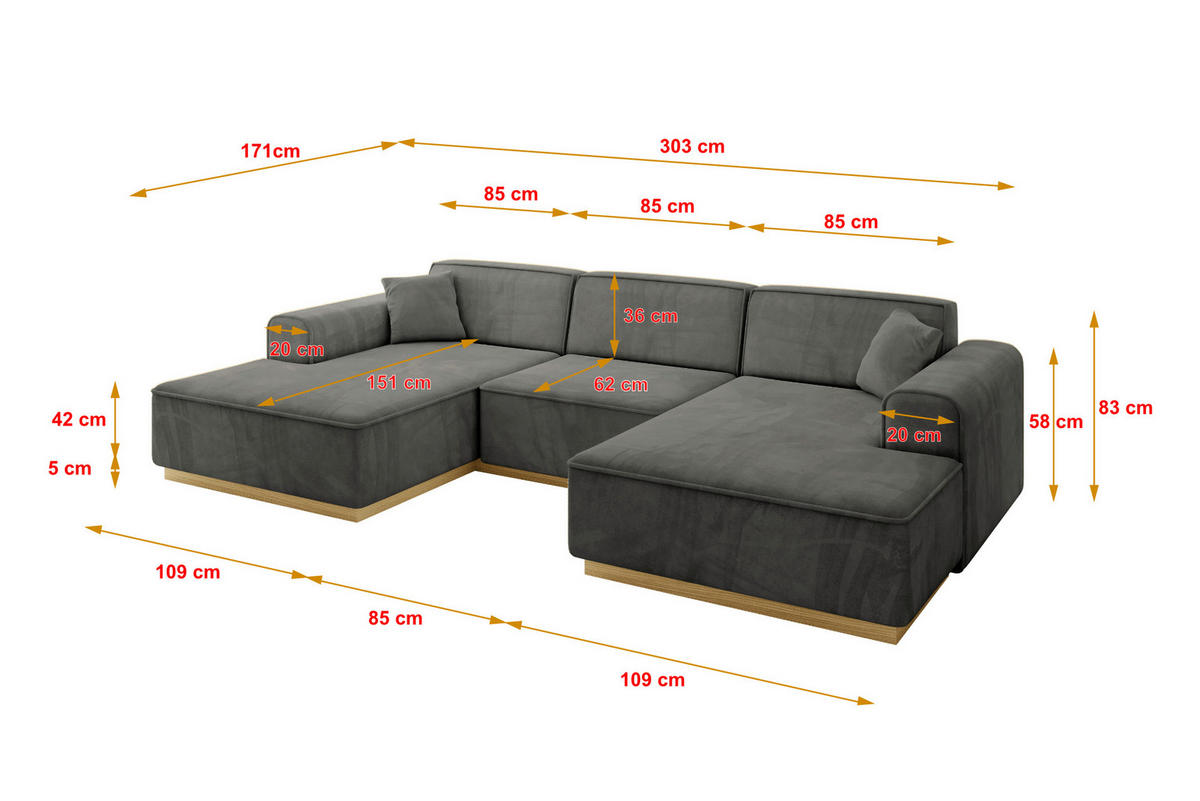 WOHNLANDSCHAFT IREA-U1-v2 - 303x171x83 cm Ecru - Anthrazit, Holzwerkstoff/Textil (303/83/171cm) - ALTDECOR