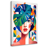 LEINWANDBILD Frau mit Monstera-Blättern im Bauhaus-Stil 80x120cm - Multicolor, Textil (80/120cm) - Feeby