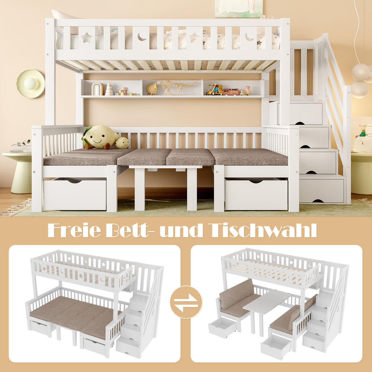 HOCHBETT 90/200 cm 2-in-1-Bett und Schreibtisch mit Stauraumleiter weiß - Weiß, Holz (90/200cm) - OKWISH