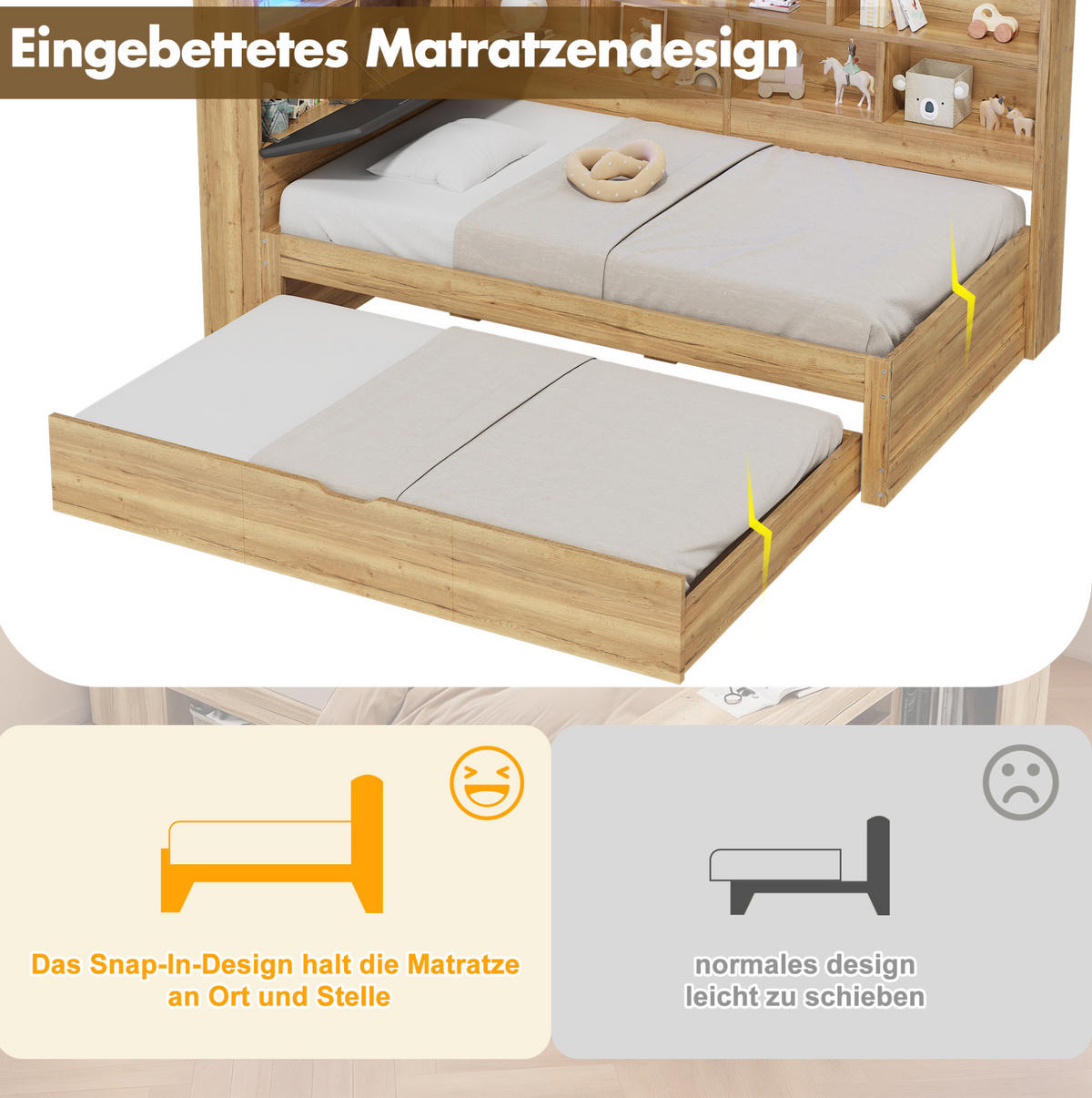 KINDERBETT 90/200 cm mit Ausziehbett 90/190 cm, LED-Beleuchtung und USB - Naturfarben, Holzwerkstoff (90/200cm) - Flora Grace