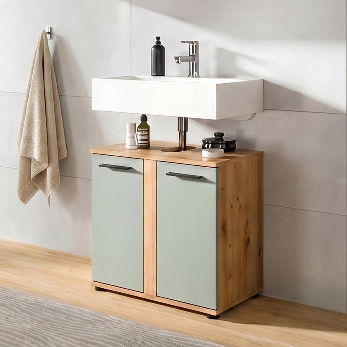 WASCHBECKENUNTERSCHRANK Flint (B/H/T: 60x57x34 cm) in Salbei und Artisan Eiche Nachbildung - Eiche Artisan, Holz (60/57/34cm) - Homes & Jones