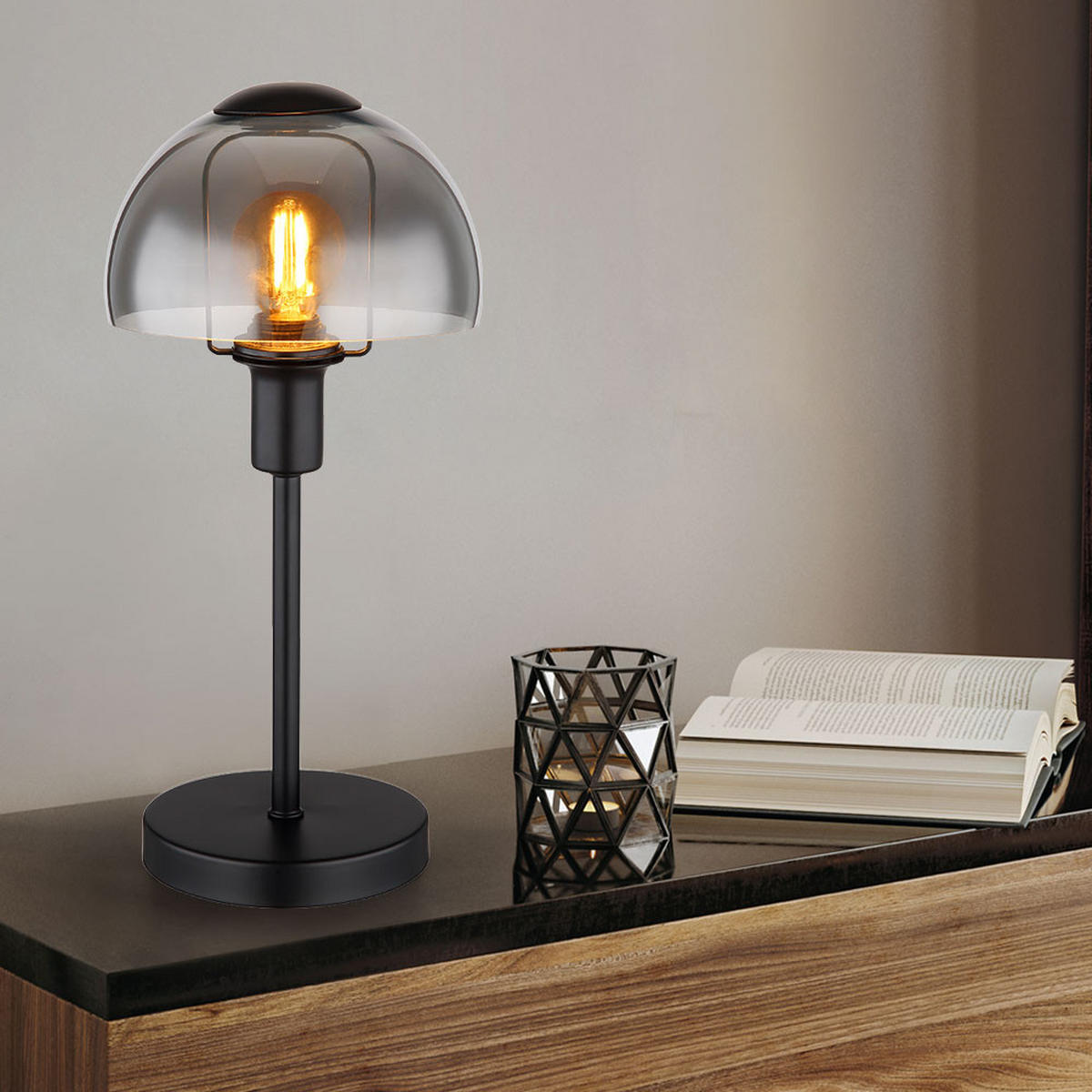 LED TISCHLEUCHTE KOKKINI Rauchoptik Schwarz - Schwarz, Glas (15/15/32cm) - Globo Lighting