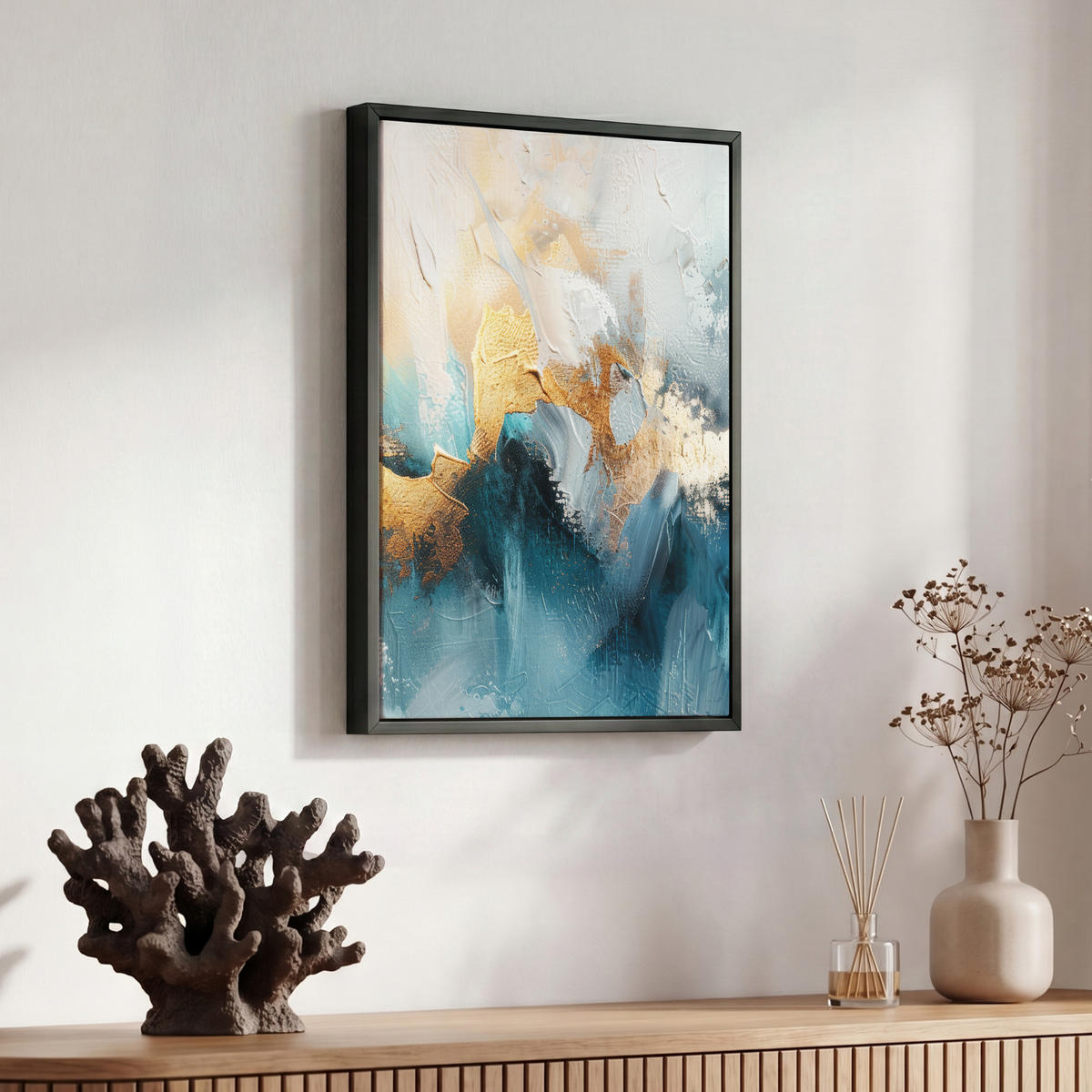 LEINWAND Bilder mit Rahmen - Abstrakt - Kunst - Gold - Blau - 30x40 - Petrol, Textil (30/40cm) - MuchoWow