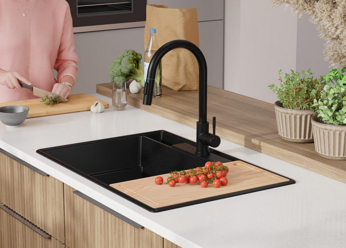 SPÜLBECKEN Paris, 2-er set Schwarz 78/53 cm 2 Becken + Ablauf-Set + Küchenzubehörset ab 80er Unterschrank - Chromfarben/Edelstahlfarben, Kunststoff (78/20/53cm) - Primagran