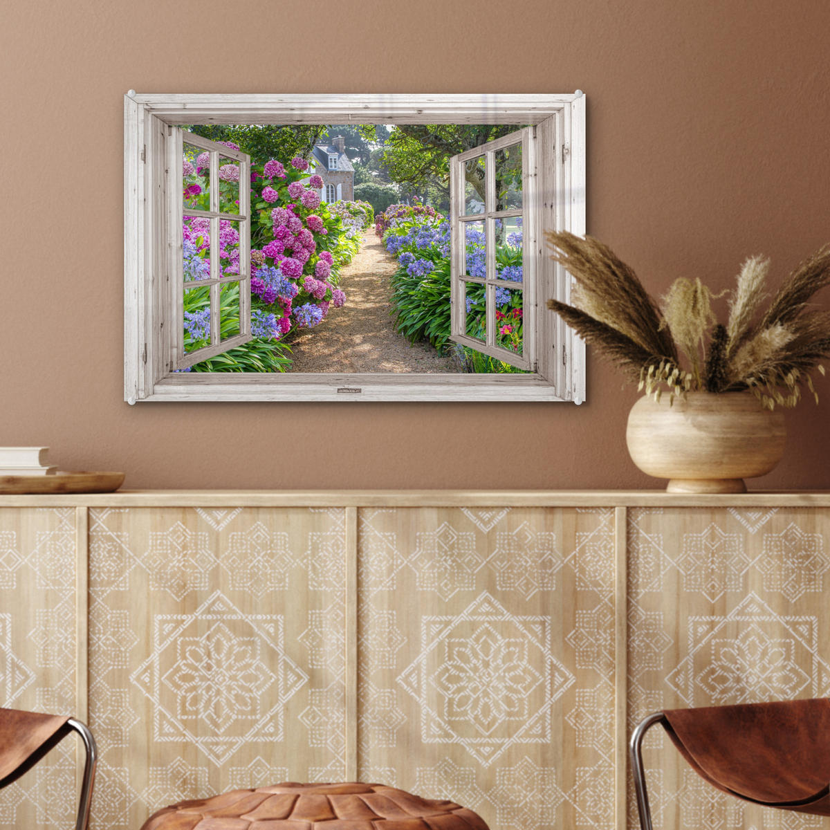 ACRYLGLASBILD Hortensie - Fensterblick - Blumen - Sommer - Lila - Weg 60x40 cm - Lila, Glas (60/40cm) - MuchoWow
