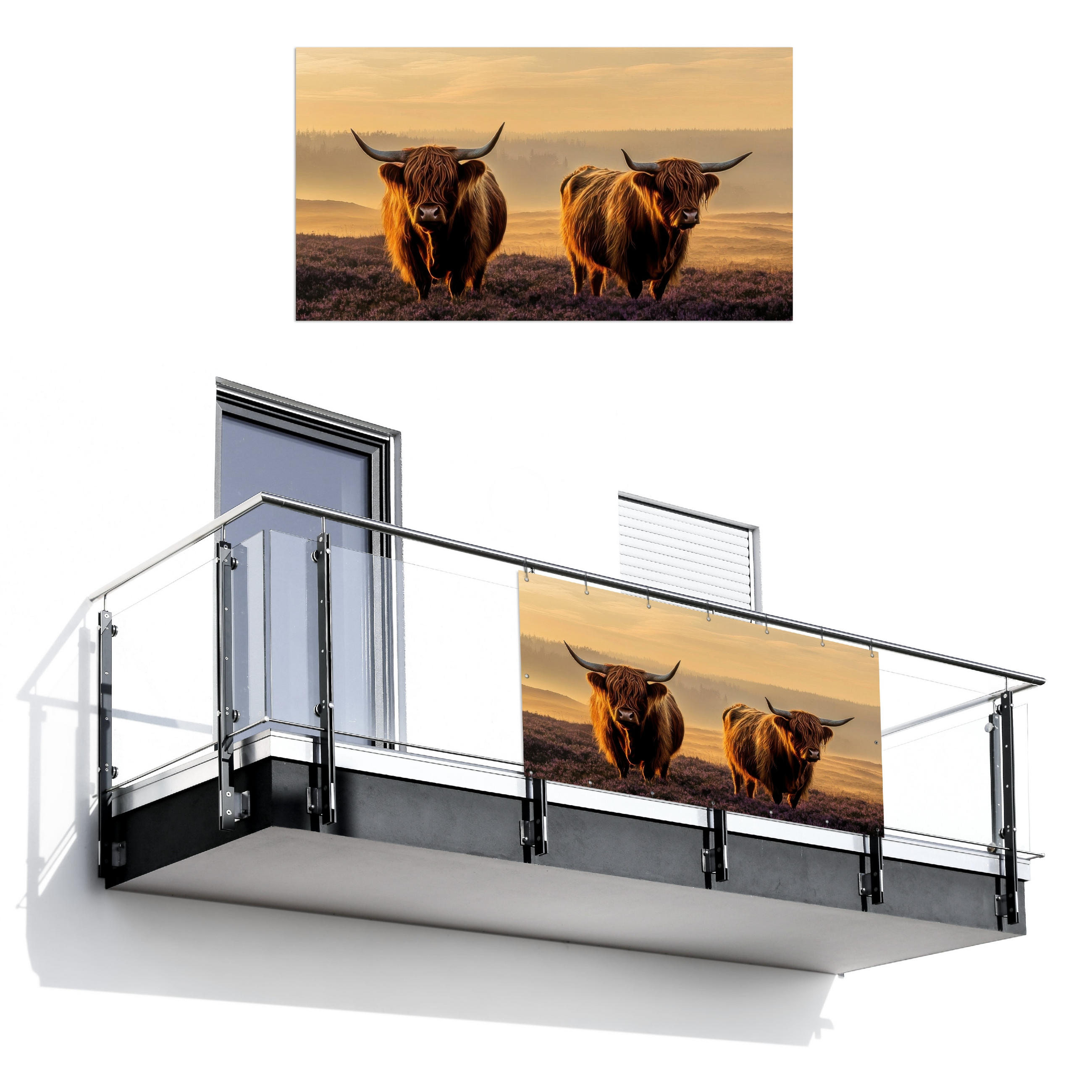 BALKON-SICHTSCHUTZ Schottische Hochlandbewohner - Heide - Landschaft - Tiere - Cognac, Kunststoff (200/110cm) - MuchoWow