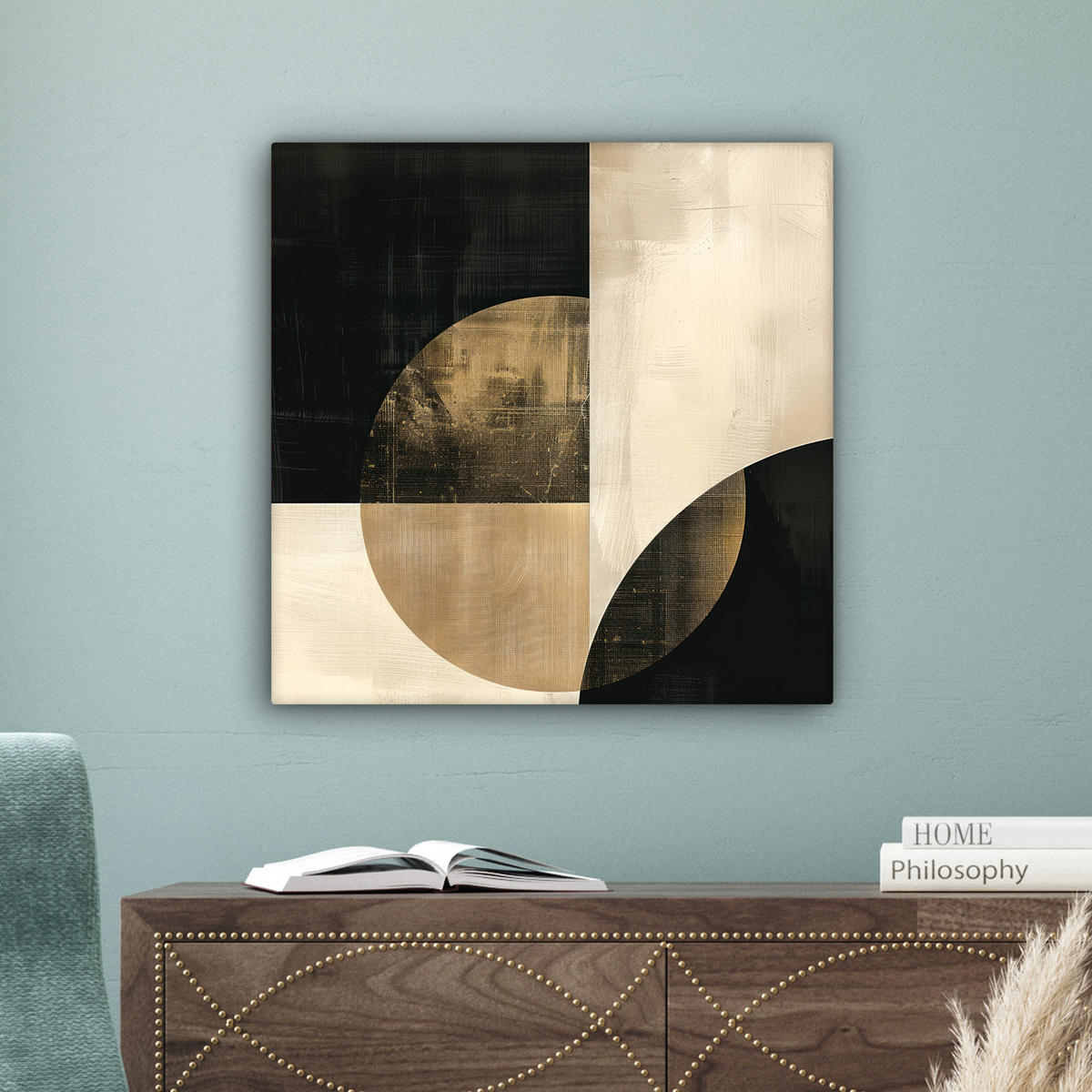 LEINWANDBILD Abstrakt - Geometrische Formen - Schwarz - Gold Wandbild Wohnzimmer 50x50 cm - Ecru, Textil (50/50cm) - MuchoWow