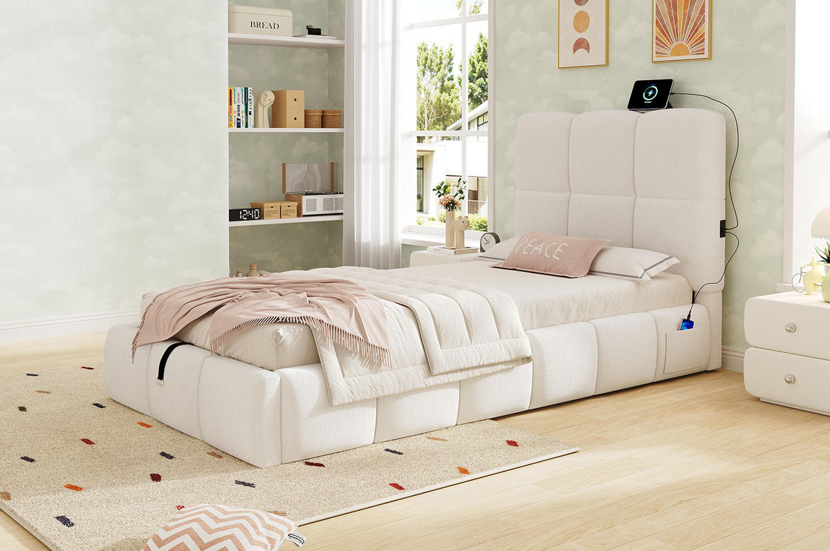 POLSTERBETT 90/200 cm mit Lattenrost, hydraulischem Stauraum und USB-C-Anschluss, Beige - Beige, Textil (90/200cm) - Redom