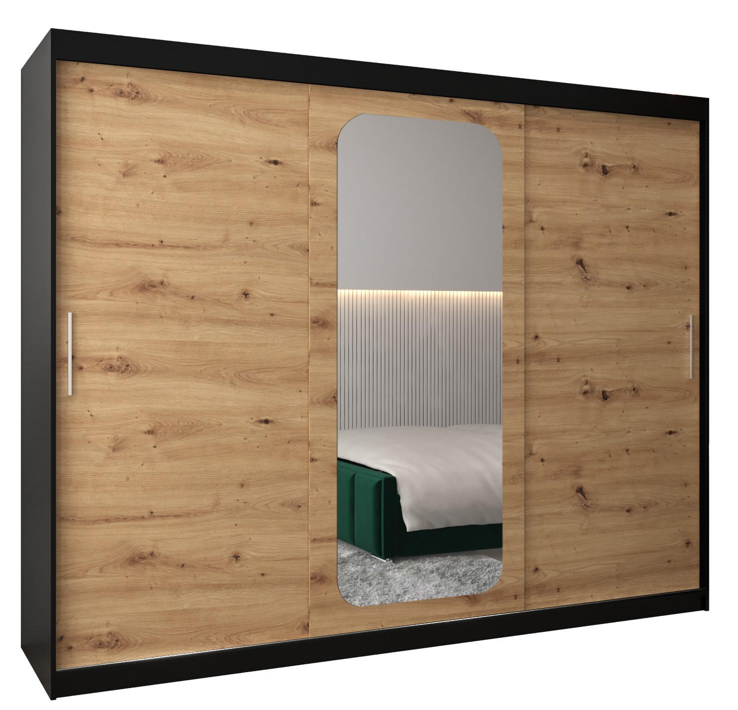Abiks Möbel SCHWEBETÜRENSCHRANK Schwarz, Eiche Artisan 250cm × 62cm × 200cm