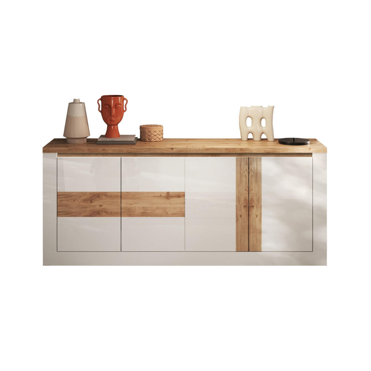 SIDEBOARD 4?türig mit LED?Beleuchtung Eichendekor und Weiß 207/43/88 cm - Weiß, Holzwerkstoff (43/88/207cm) - Calicosy