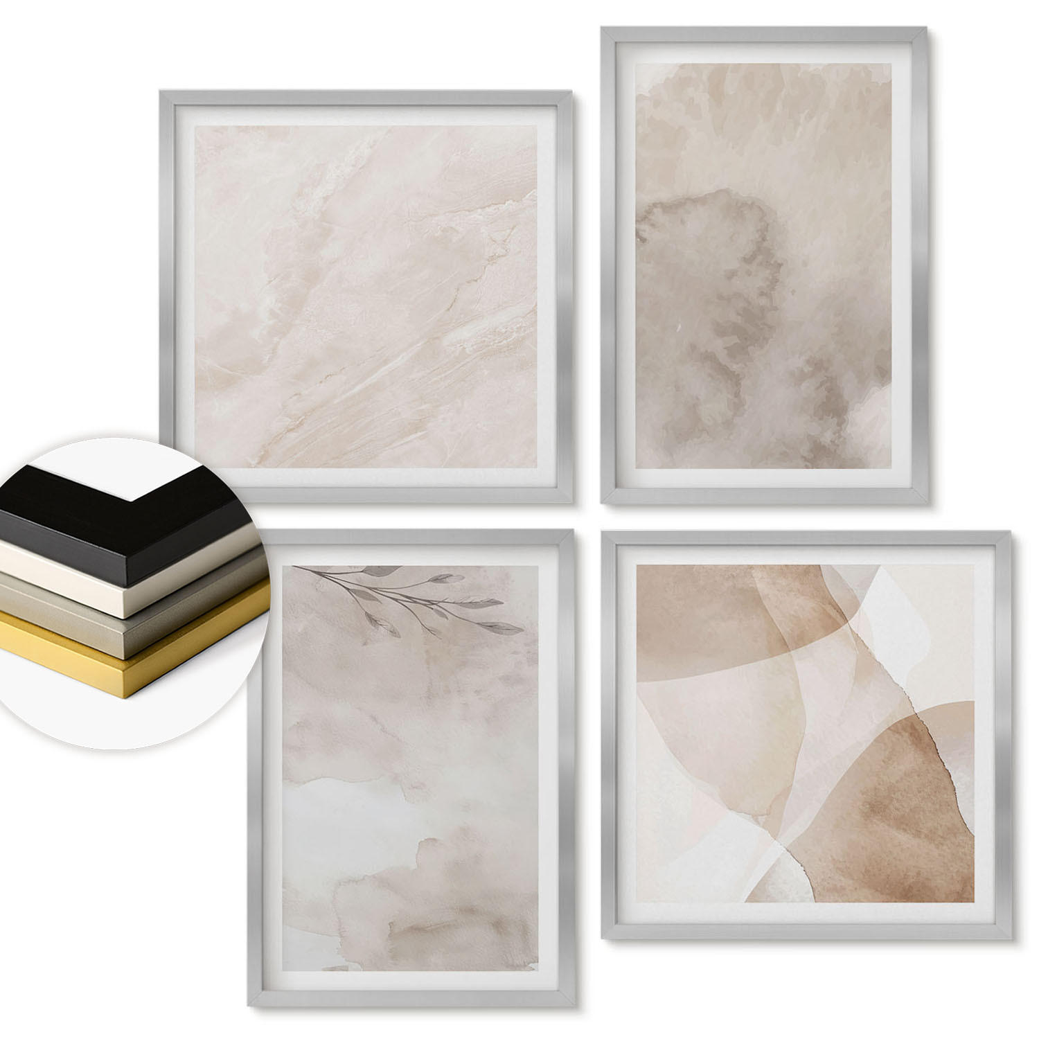 WANDBILDER 4er Set - 50x50 cm & 40x60 cm Silberner Rahmen - Aquarellfarben, Boho-Texturen - Silberfarben, Kunststoff (50/50cm) - ArtPrintCave